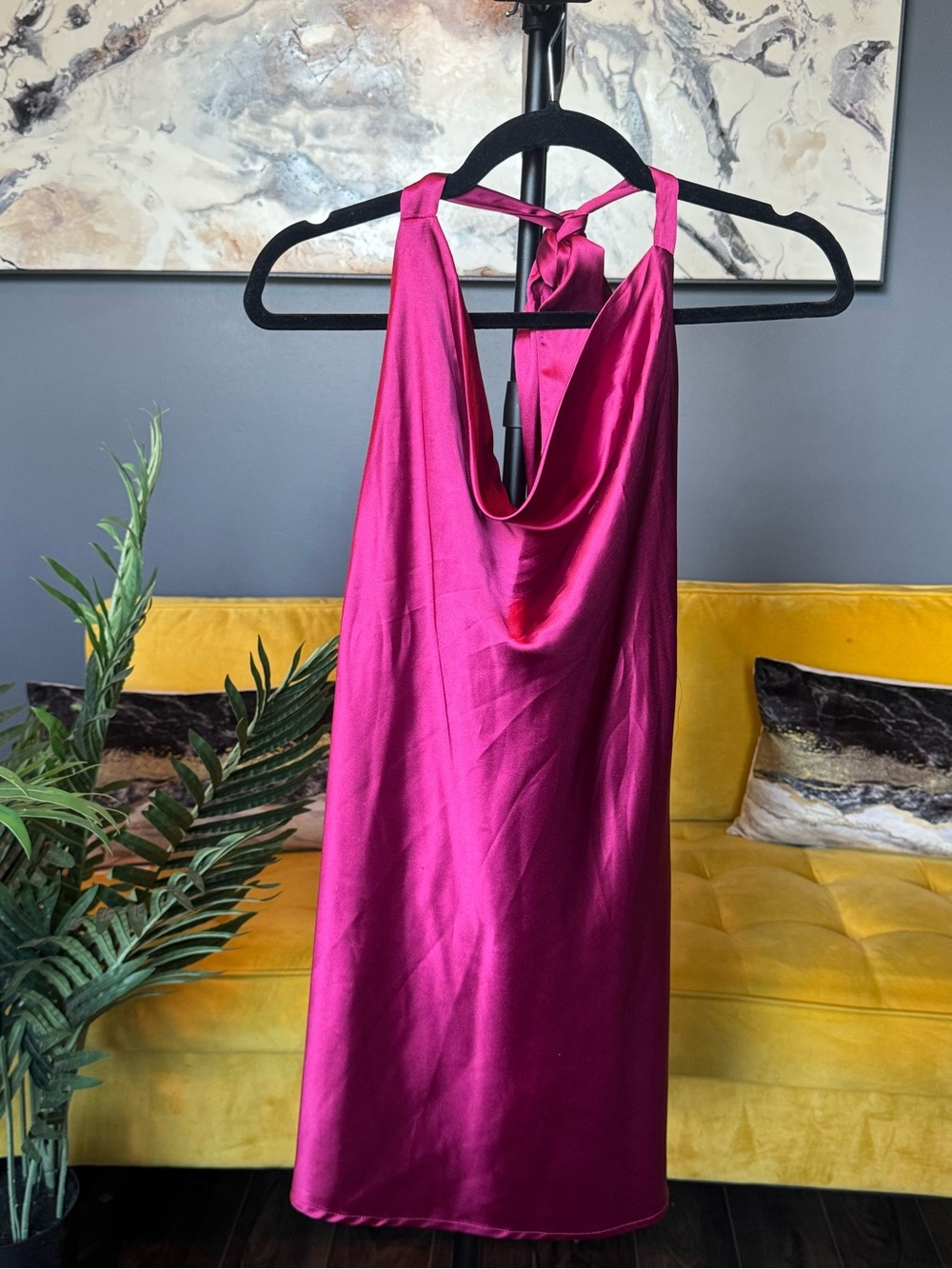 Backless Satin Halter Dress in Fuchsia - Unbranded
